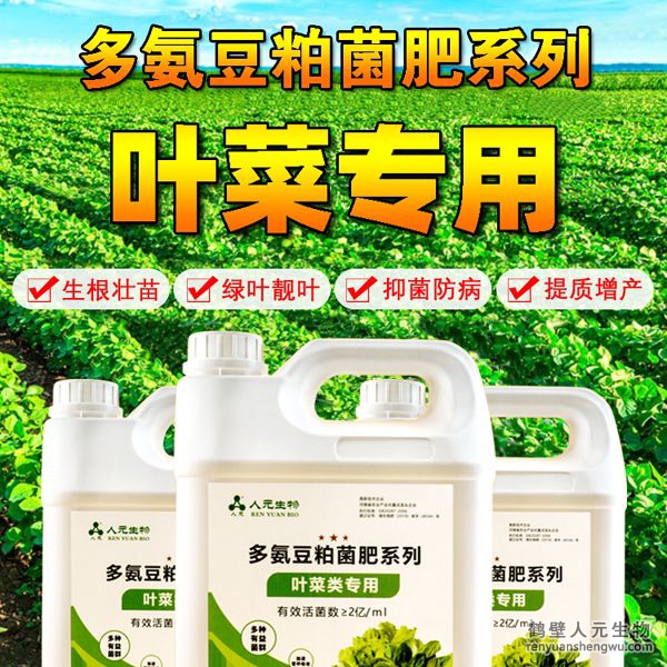 多氨豆粕菌肥系列葉菜類專用肥由河南省微生物菌劑工程技術(shù)研究中心研制，鶴壁市人元生物技術(shù)發(fā)展有限公司生產(chǎn)，本品是以固態(tài)發(fā)酵豆粕為主要原料，豆粕經(jīng)過有益微生物菌種發(fā)酵分解，充分釋放游離氫基酸，同時(shí)輔以枯草、地衣、膠凍樣芽孢桿菌等有益菌群。